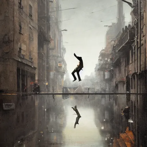 Prompt: a highly detailed epic cinematic concept art CG render digital painting artwork inspired by Henri Cartier-Bresson's Behind the Gare Saint-Lazare, man jumping over a puddle of water. By Greg Rutkowski, Ilya Kuvshinov, WLOP, Stanley Artgerm Lau, Ruan Jia and Fenghua Zhong, trending on ArtStation, made in Maya, Blender and Photoshop, octane render, excellent composition, cinematic atmosphere, dynamic dramatic cinematic lighting, aesthetic, very inspirational, arthouse