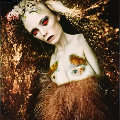 Image similar to kodak portra 4 0 0, wetplate, photo of a surreal artsy dream scene,, weird fashion, in the nature, highly detailed face, very beautiful model, portrait, expressive eyes, close up, extravagant dress, carneval, animal, wtf, photographed by paolo roversi style and julia hetta