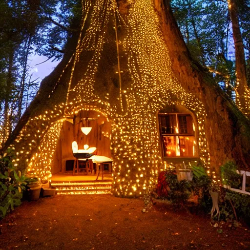 Image similar to cozy house inside a giant tree with fairy lights