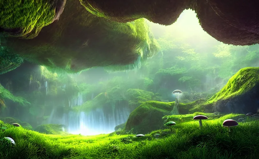 Prompt: a beautiful and stunning professional digital artwork of a humongous glowing mushroom cave, haze, waterfall, volumetric lighting, hyperrealistic, green, blue, sunset, unreal engine 5, ultra detail