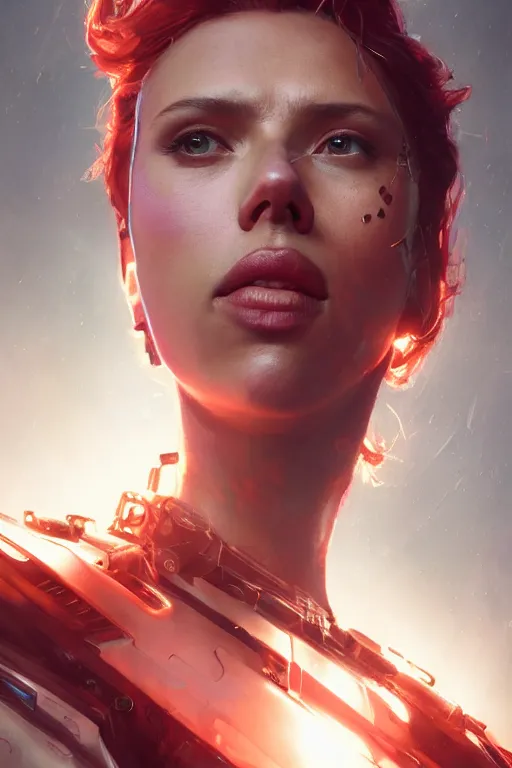 Image similar to a fancy portrait of a Scarlett Johansson cyborg by Greg Rutkowski, Sung Choi, Mitchell Mohrhauser, Maciej Kuciara, Johnson Ting, Maxim Verehin, Peter Konig, final fantasy , mythical, 8k photorealistic, cinematic lighting, HD, high details, atmospheric,