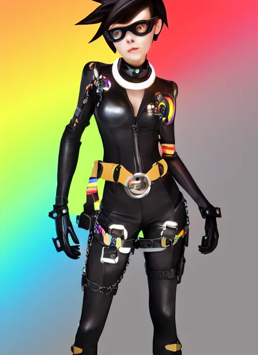 Image similar to full body digital artwork of tracer overwatch, wearing black iridescent rainbow latex, 4 k, expressive happy smug expression, makeup, in style of mark arian, wearing detailed black leather collar, wearing chains, black leather harness, leather cuffs around wrists, detailed face and eyes,