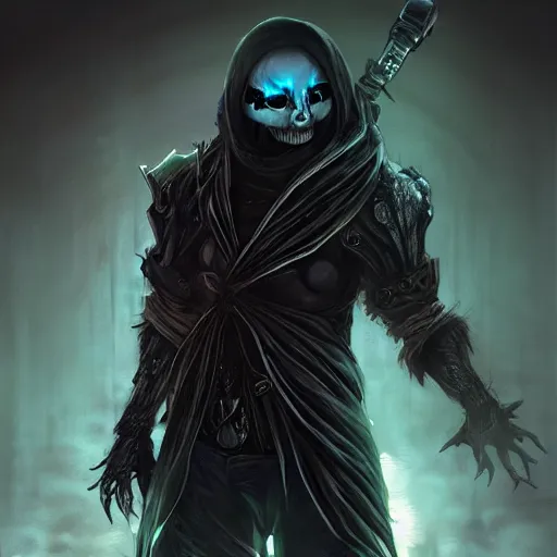 Image similar to photorealistic dark fantasy concept art of nightmare sans with his eye glowing, dynamic lighting, stunning visuals, ray tracing, beautiful scenery, cinematic, full body portrait, ultra detailed, hyper detail, stunning detail