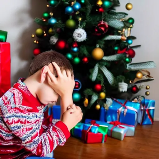 Image similar to a kid at christmas disappointed and sad that his present was a giant moai statue, his hands buried in his face, sitting down. | inside of a house next to a christmas tree, large present in the back