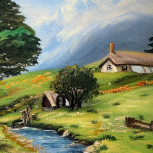 Image similar to landscape painting of bag - end, tolkein, painting by bob ross