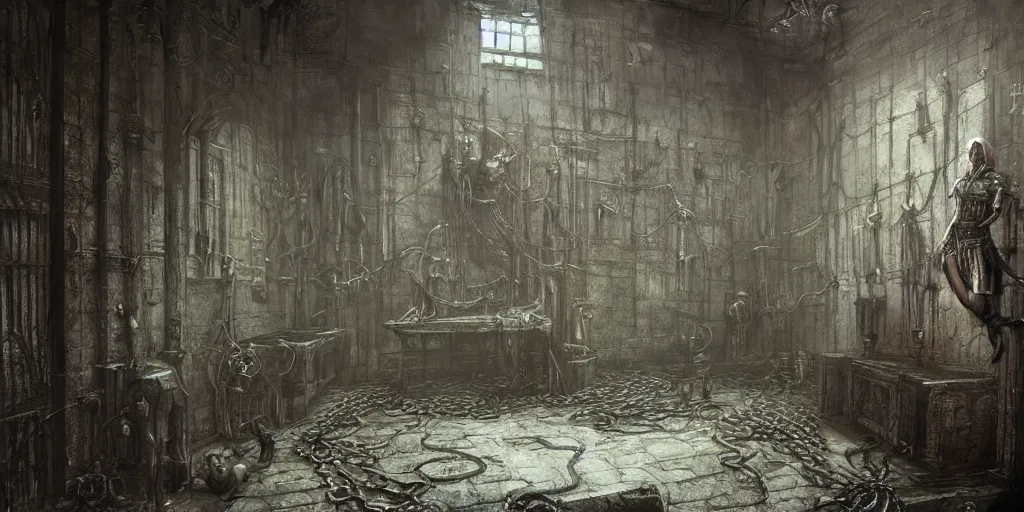 Prompt: interior of a prison cell, chains, hooks, by hr giger, greg rutkowski, luis royo and wayne barlowe as a diablo, resident evil, dark souls, bloodborne environment