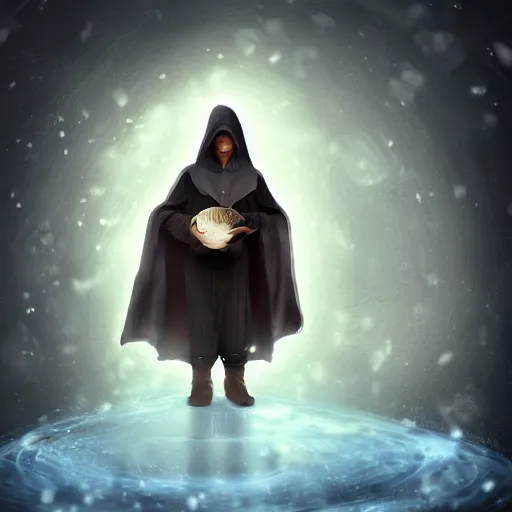 Prompt: A portrait of a young wizard in a dark cloak, he carries a snowglobe with humans trapped inside, emanating dimensional magic, digital art