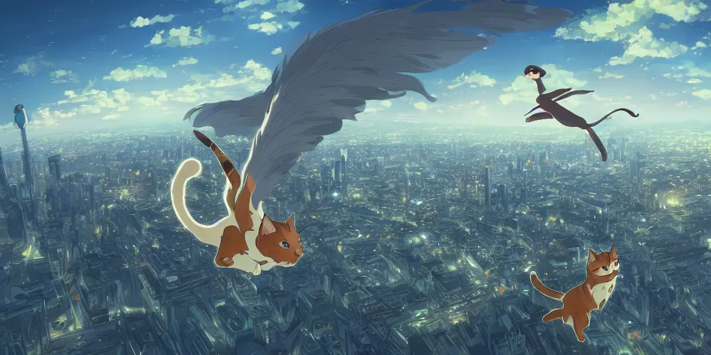 Prompt: a beautiful scene of a cat flying through the air over a sprawling city, concept art, studio ghibli, style of makoto shinkai and alphonse mucha, 4 k wallpaper