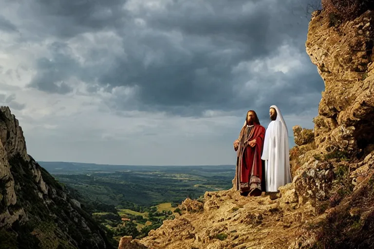 Image similar to a unique digital photo of a jesus and mary magdalene as man and wife standing on a cliff looking over a beautiful landscape in france, rennes - le - chateau, award winning photo, very detailed, very realistic cinematic