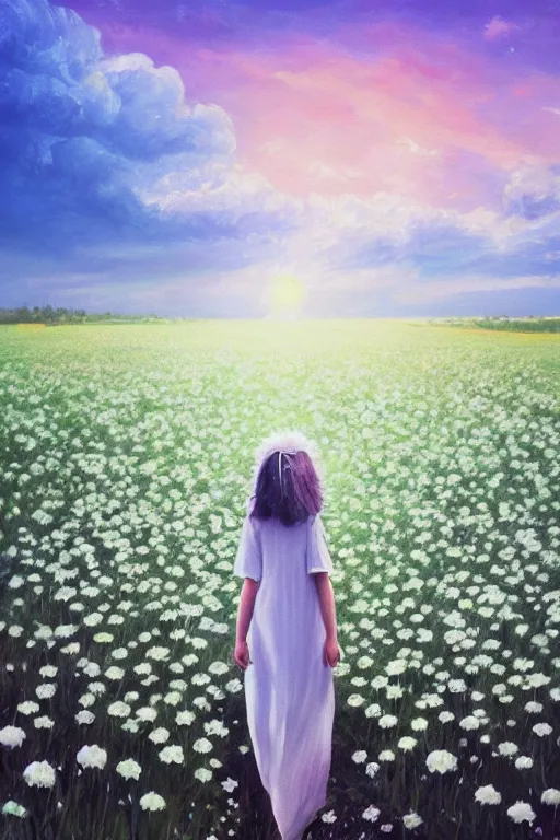 Image similar to white daisy flowers as head veil, girl walking in a flower field, surreal photography, sunrise, dramatic light, impressionist painting, colorful clouds, digital painting, artstation, simon stalenhag