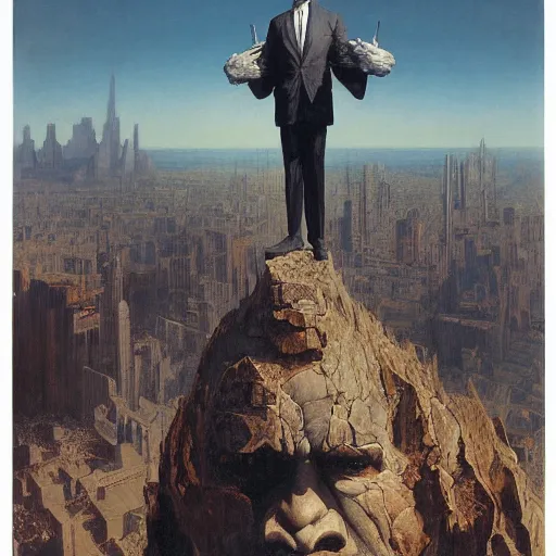 Image similar to portrait of immense, majestic, surreal, terrifying joe!!!! biden!!! standing triumphant over the city, perfectly clear face, by j. c. leyendecker, bosch, and beksinski