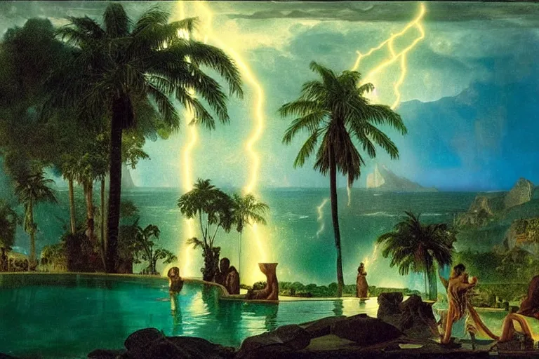 Prompt: Palace of the occult, refracted sparkles, thunderstorm, greek pool, beach and Tropical vegetation on the background major arcana sky and occult symbols, by paul delaroche, hyperrealistic 4k uhd, award-winning, very detailed paradise