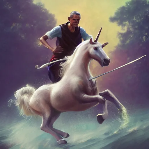 Image similar to obama riding on a unicorn, au naturel, hyper detailed, digital art, trending in artstation, cinematic lighting, studio quality, smooth render, unreal engine 5 rendered, octane rendered, art style by klimt and nixeu and ian sprigger and wlop and krenz cushart.