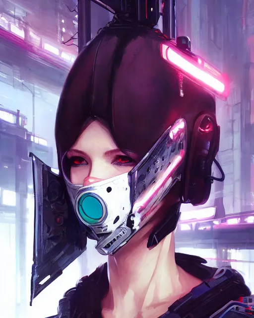 Prompt: lady assassin wearing cyberpunk streetwear, respirator, cybernetic body, detailed portrait, 4 k, vivid colours, concept art by wlop, ilya kuvshinov, artgerm, krenz cushart, greg rutkowski, pixiv. cinematic dramatic atmosphere, sharp focus, volumetric lighting, cinematic lighting, studio quality