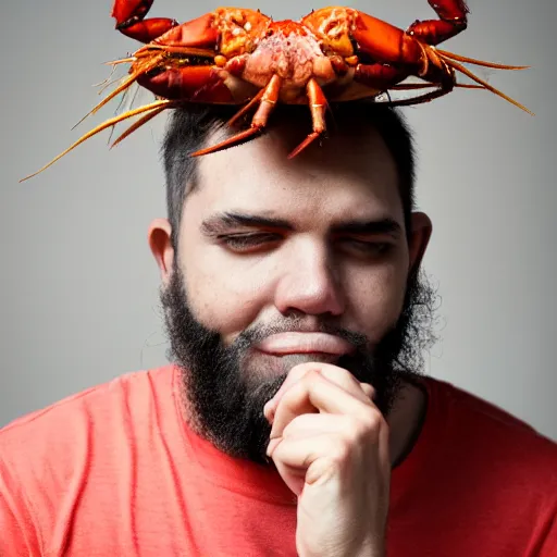 Prompt: photo of man with a crayfish on his head