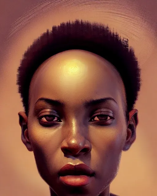 Image similar to african woman with short buzz hair, brown eyes, beautiful girl, close up portrait, moonlight, highkey, realistic, serov, surikov, vasnetsov, repin, kramskoi, paint texture, low aperature, insanely detailed, charlie bowater, tom bagshaw, octane rendered, unreal engine, illustration, trending on artstation, masterpiece