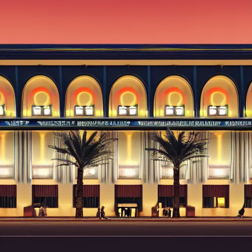 Image similar to beautiful exterior of art deco palace movie theater at night premiere, pillars, dust, dark, long shadows, atmospheric, gold and black marble lacquered, palm trees, luxury architecture, low angle, dynamic cinematic light, 3 5 mm, realistic, insanely detailed, hyper detail, hyper real, unreal engine render, 8 k