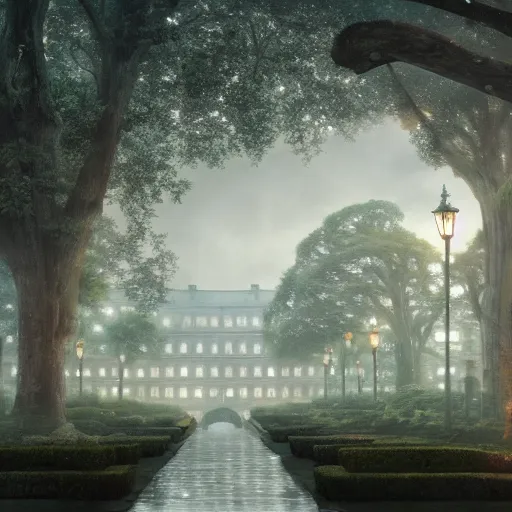 Prompt: beautiful render of glorious palace gardens, by lee madgwick and hubert robert, by liam wong, studio ghibli style, blade runner, vivid color, moody lighting, unreal engine, 4k hd wallpaper:4