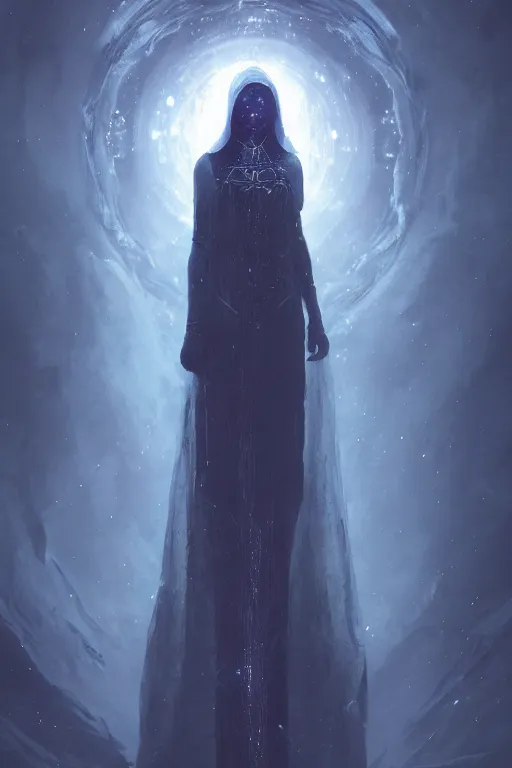 Prompt: a full body portrait of a mysterious goddess with a very long hooded cloak made of stars and clouds, by maciej kuciara and jason chan, ominous, cosmic horror, trending on artstation, ultra detailed, hyper realistic 4 k, volumetric light