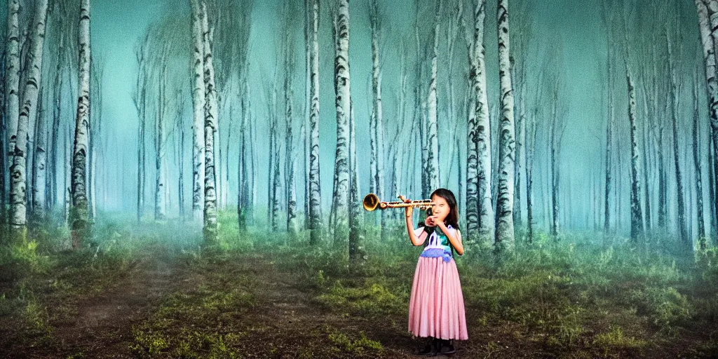 Image similar to young girl playing flute in the middle of a birch forest during a storm at night while lightning dragons race down toward her