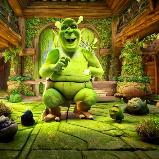 Prompt: inside of a shrek worshipping sanctuary, ornate, beautiful, green, get outta me swamp, shrek statues, shrek is love shrek is life, extremely detailed, octane render, shrek worship, ray traced, post processing, octane render