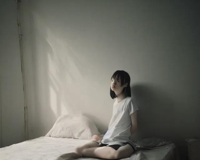 Prompt: a film still of lone anime girl in white tshirt is sitting on poor bed in pale colors room in dark russian flat, perfect faces, fine details, anime, cinestill