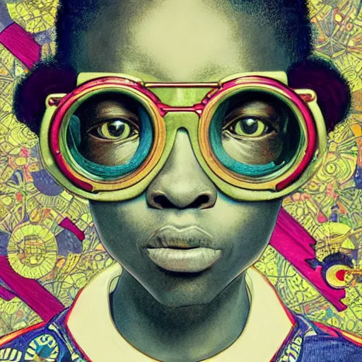 Image similar to colourful vfx upper half - portrait - art of a nigerian boy wearing steam punk goggles, art by utagawa kunisada, james jean & alphonse mucha, symmetrical, intricate detail, concept art, volumetric light, ray tracing, caricature, digital illustration, octane 3 d render, unreal engine, sharp, pinterest, behance, art station,