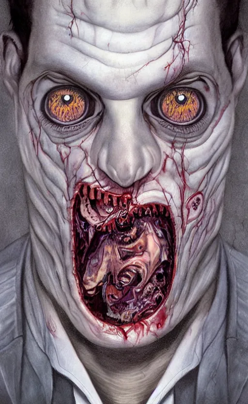 Image similar to upper half portrait of a man with spiral eyes and zombie features drooling - inside of a distorted with 3 d eyes all around him - in drew struzan movie poster style, art by drew struzan & hsiao - ron cheng, highly detailed, digital painting, ray tracing, illustration, smooth, sharp focus, intricate, symmetry, artstation,