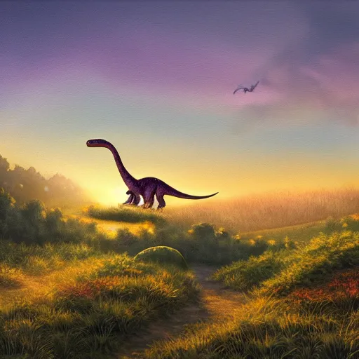 Image similar to dinosaur in the distance walking through shrubbery, over hills, misty, sunset, painting, detailed landscape