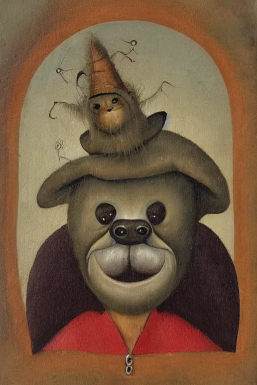 Image similar to silly hieronymus bosch creature. framed oil painting portrait of a sloth man with a silly hat and fancy felt robes. muted colour palette. negative space