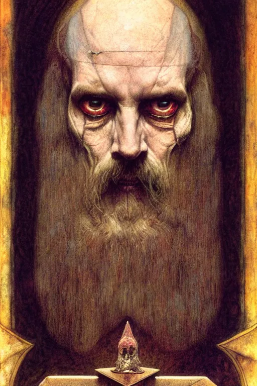 Image similar to an occult art portrait of john dee by wayne barlowe, gustav moreau, goward,  Gaston Bussiere and roberto ferri, santiago caruso, and austin osman spare