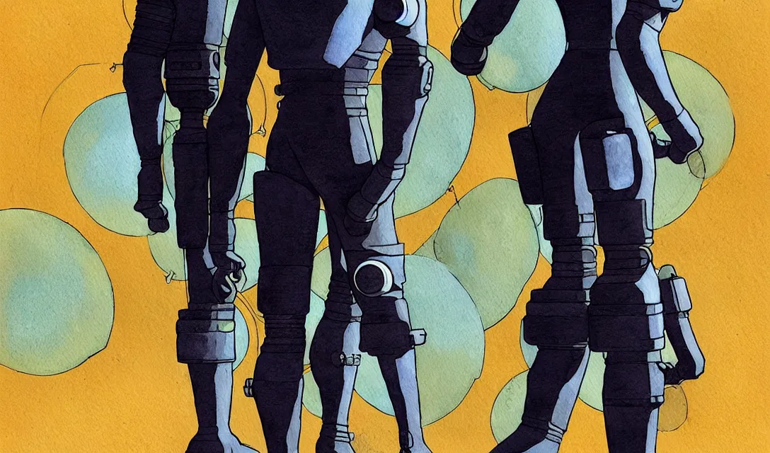 Image similar to male, full body, modern space suit, very stylized character design, large shoulders, short torso, long thin legs, tiny feet, science fiction, hyperdetailed, technical suit, shoulderpads, watercolor digital painting, in style of mike mignola, by alex maleev, jean giraud, painted by leyendecker