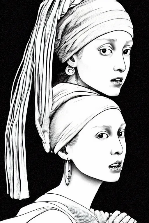 Image similar to beautiful portrait of a woman, negative no not the girl with a pearl earring, highly detailed ink illustration, b & w clean shaped illustration by kim jung gi, ric estrada, ron english and eiichiro oda