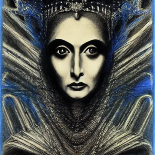 Image similar to Norma Desmond, pencil drawing. El Greco, Remedios Varo, Salvador Dali, Carl Gustav Carus, John Atkinson Grimshaw. Blue tint. Symetrical, logo, geometric shapes.