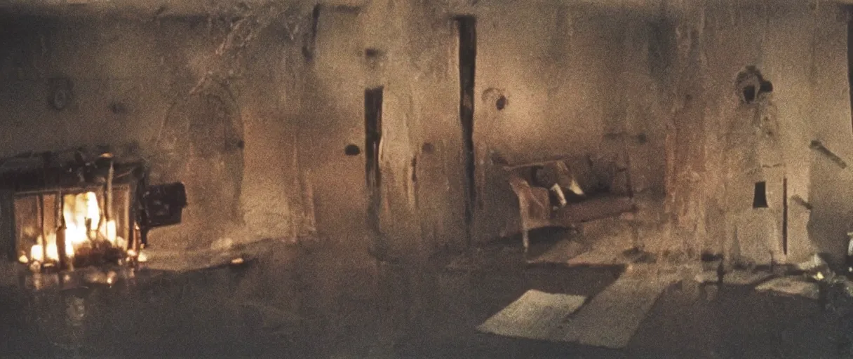 Image similar to film mirror (1975) by andrei tarkovsky, house engulfed by sea of flame, evening