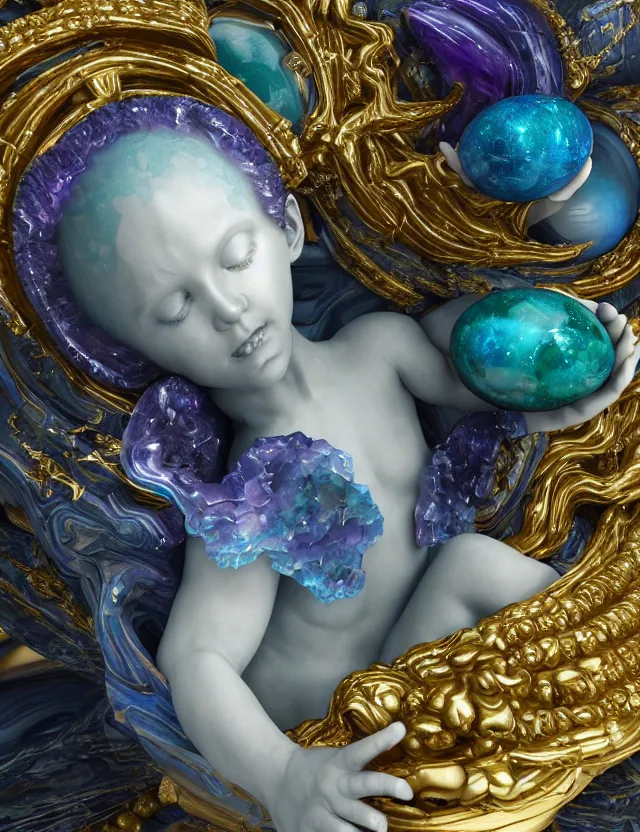 Prompt: a sculpture of a winged child made from blue and emerald and amethyst crystal geode formations with a marble egg with obsidian base with liquid gold tendrils flowing by ellen jewett by stanisław szukalski, octane render, byzantine, spirals, elestial crystals, geode,