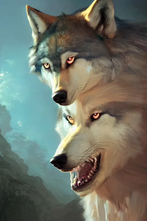 Image similar to painted portrait of realistic wolf wearing pink shirt, mature, handsome, blue eyes, intricate, digital painting, artstation, concept art, smooth, sharp focus, illustration, art by gaston bussiere and greg rutkowski