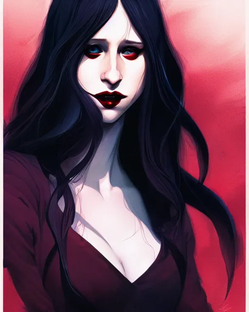 Prompt: in the style of Joshua Middleton and artgerm, beautiful evil vampire Taissa Farmiga sharp bloody vampire fangs open mouth, long black hair, full body, moody lighting