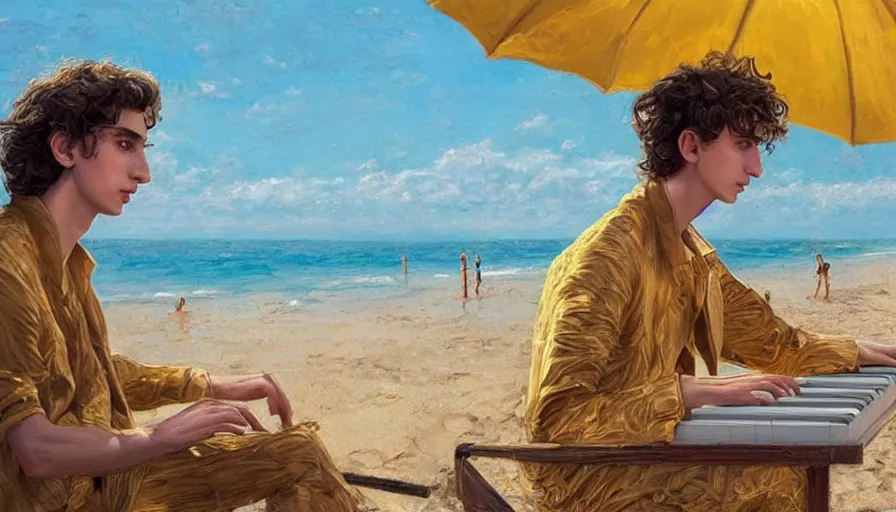 Prompt: :very detailed:masterpiece:digital:Timothee Chalamet:golden suit:featured in artstation+digitally painted by WLOP:yellow+blue+pink:⭐:beach+sunny day+playing piano-H 1000