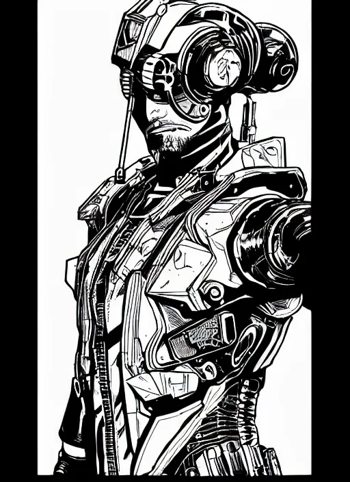 Image similar to cyborg hunter, portrait, cyberpunk 2 0 2 0 manual, by steampoweredmikej, inktober, ink drawing, black and white, coloring pages, manga, highly detailed