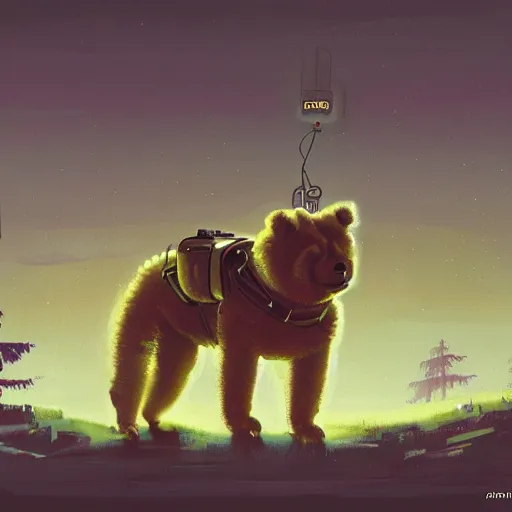 Prompt: a chow chow in a mech suit in the style of simon stalenhag