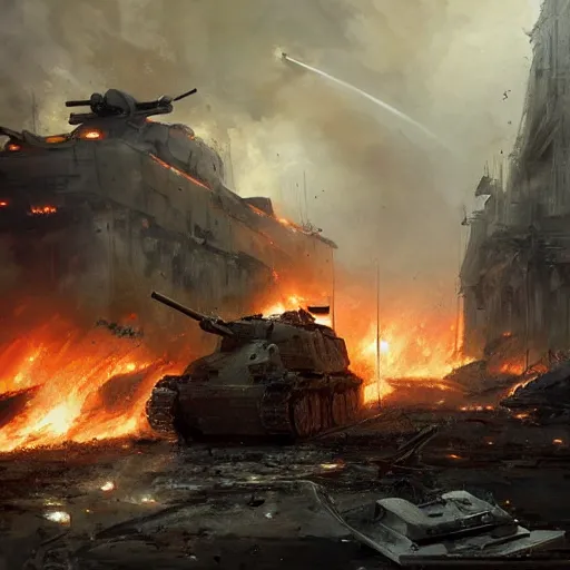 Prompt: Tank battle in the White house, amid destruction and fire by Greg Rutkowski