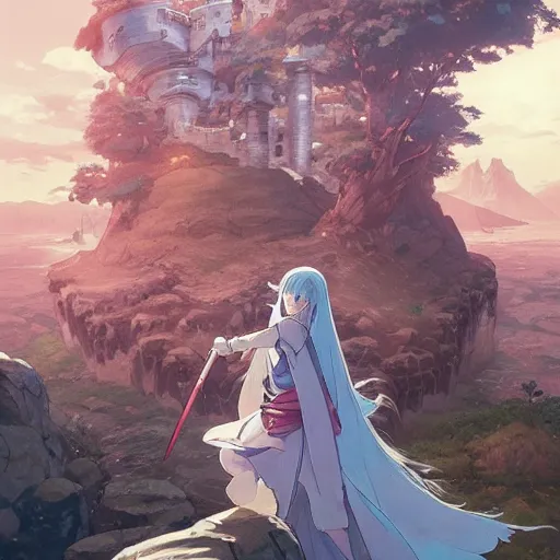 Image similar to the knight and the sword of rose petal, anime, castle core, mountains, rocky roads. by hayao miyazaki and rossdraws and artgerm and greg rutkowski and alphonse mucha and studio ghibli and ilya kuvshinov. high quality, stunning, intricate detailed environment. 8 k