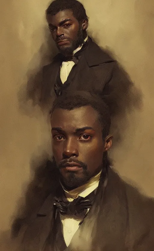 Prompt: Portrait of a black victorian gentleman, male, detailed face, 19th century, highly detailed, cinematic lighting, digital art painting by greg rutkowski