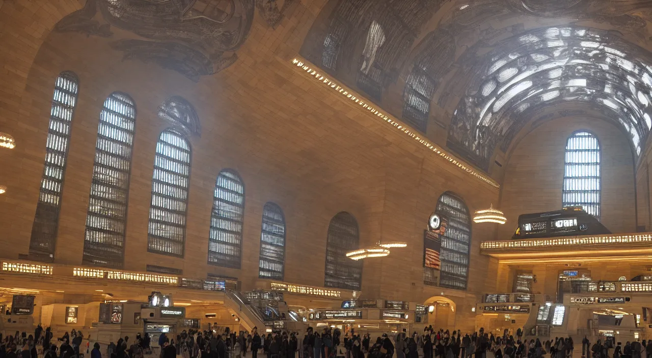 Prompt: a futuristic grand central station with portals and stargates to other worlds and times, by ridley scott, stunning atmosphere, high octane, cinematic lighting 4 k