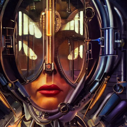 Image similar to detailed face of a clockwork biomechanical woman, moment, cyberpunk cloisters, electronic billboards, tech noir, wet reflections, prism, atmospheric, ambient, pj crook, syd mead, livia prima, greg rutkowski, edward hopper