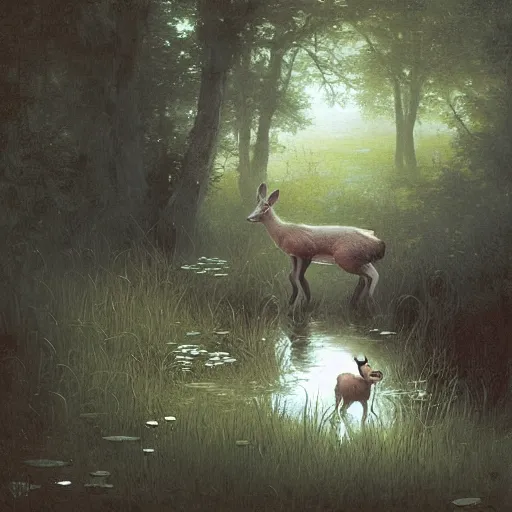 Prompt: a baby deer sniffing an old yard gnome standing by a pond. illustration, art by greg rutkowski and bouguereau and Zdzislaw Beksinski - n 6