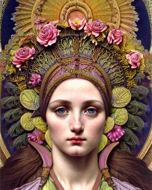 Image similar to hyperrealistic detailed portrait of a beautiful young goddess with an intricate headgear morphing into a gothic cathedral, authentic ornamental architecture, flowers, art by ernst haeckel, john william godward, android jones, alphonso mucha, h. r. giger, gothic, neo - gothic, ornamental, beautiful deep colours,