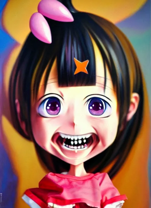 Prompt: a hyperrealistic oil painting of a kawaii anime girl figurine caricature with a big dumb grin featured on nickelodeon by dave mckean