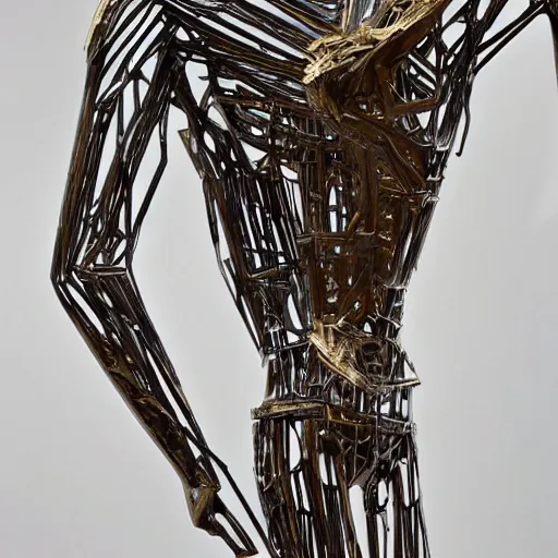 Prompt: a contemporary art sculpture of several tall man running with long arm and a big head, in the style of cesar baldaccini facel vega 1 9 6 2, full size, busy, made of intricate metal and wood, thick paint, intricate, dirty, indoor, studio lighting, hyper realistic, detailed, 8 k